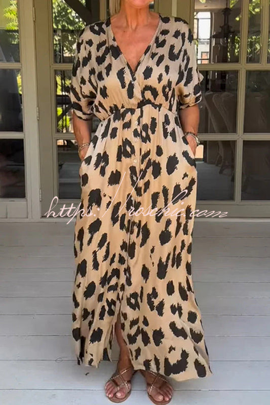 Leopard Print Loose V-neck Short-sleeved Pocket Midi Dress