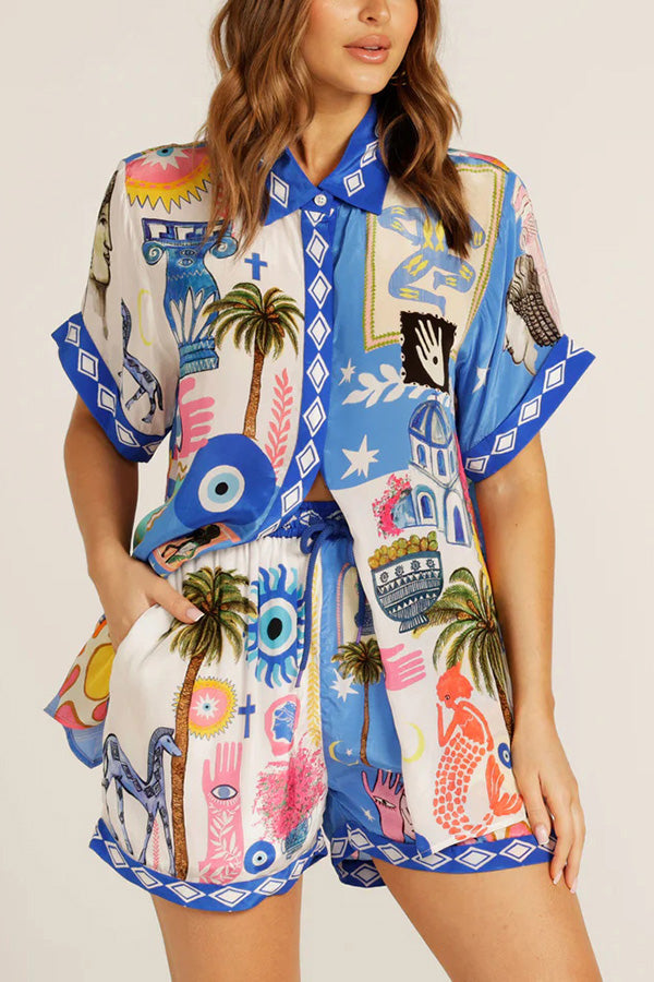 Unique Printed Short-sleeved Loose Shirt and Elastic Waist Drawstring Pocket Shorts Set