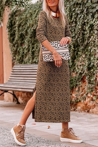 Leopard Round Neck Long Sleeve Split Maxi Dress