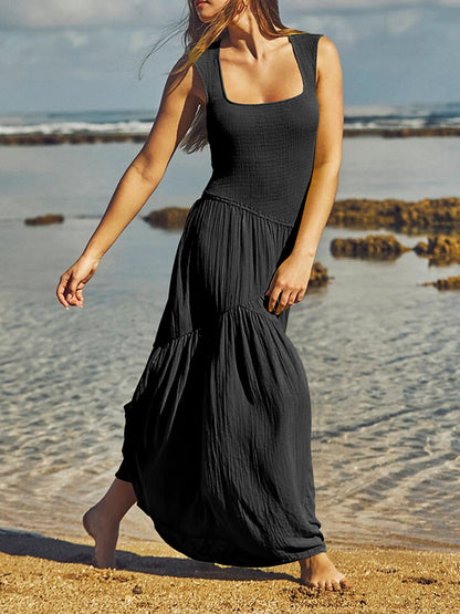 Loose Sleeveless Backless Elasticity Lace-up Pleated Color Split-joint Square-neck Maxi Dresses