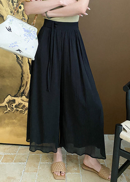 Black Zippered Pockets Cotton Summer Wide Leg Pants Af1096