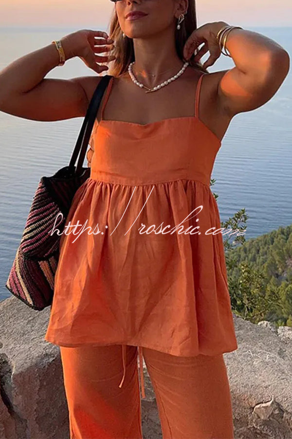 Color Suspender Loose Top and Elastic Waist Wide Leg Pants Set