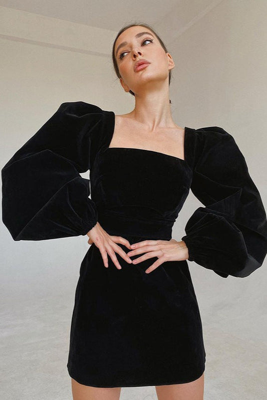 Puff Sleeve Velvet Black Mini Dress
