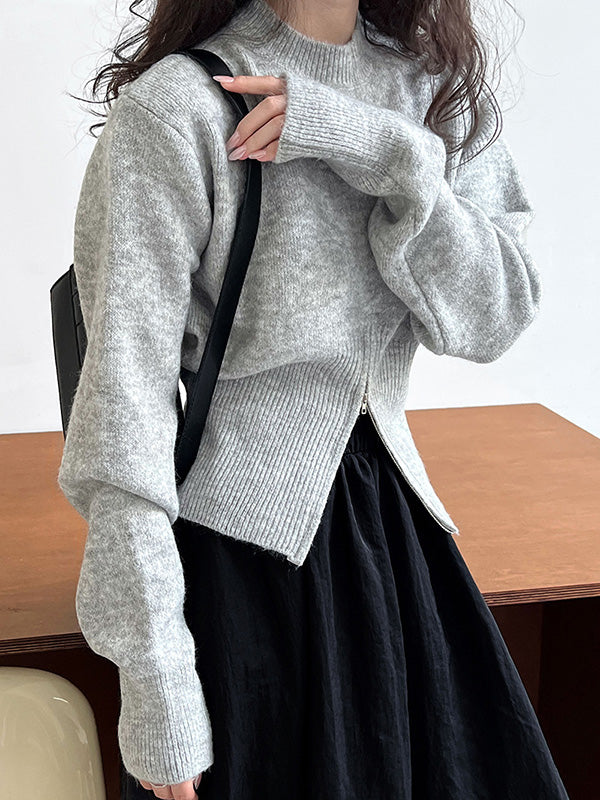 Grey Mock Neck Zip-up Hem Long Sleeve Sweater An1072