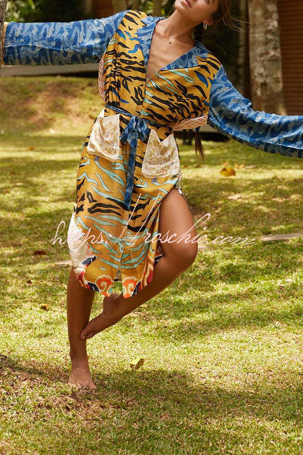 Tropical Jungle Tiger Unique Print Long Sleeve Belt Pocketed Kimono Coat