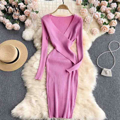 Pink V-neck Cross Slim Waist Long Sleeve Knit Sweater Dress Ar1018