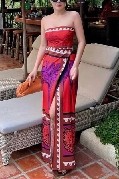 Botanical Print Stretchy Tube Top High Waist Slit Maxi Dress
