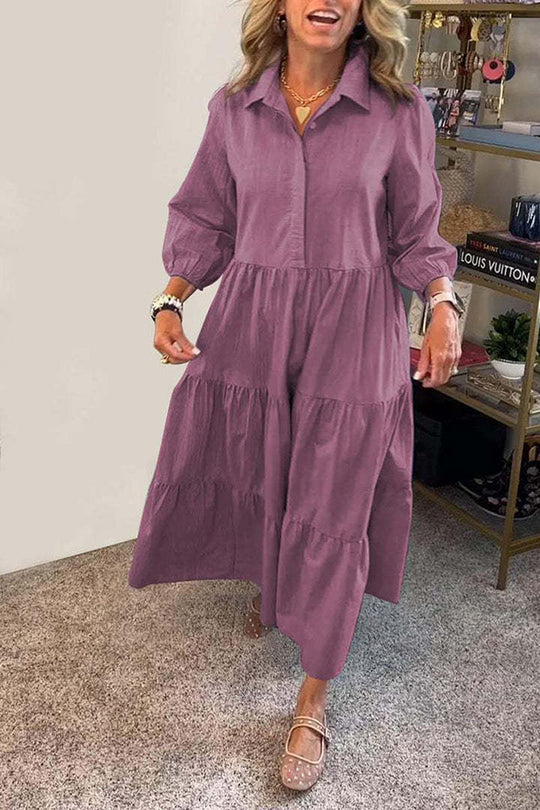 Color Lapel Elastic Cuffs Loose Maxi Dress