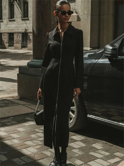 Black Zipper Lapel Maxi Dress for Cardigan Patchwork Slim High Waist Dress