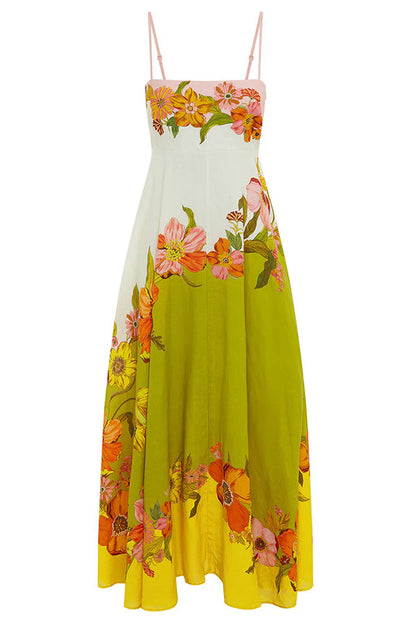 Linen Blend Contrast Print Back Smocked Pocket Maxi Dress