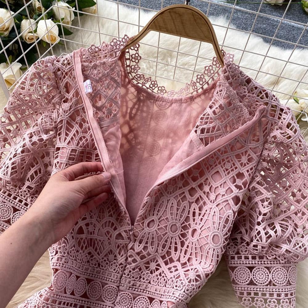 Pink O-neck Hollow Out Lace High Waist Puff Sleeve Mini Dress Ar1010