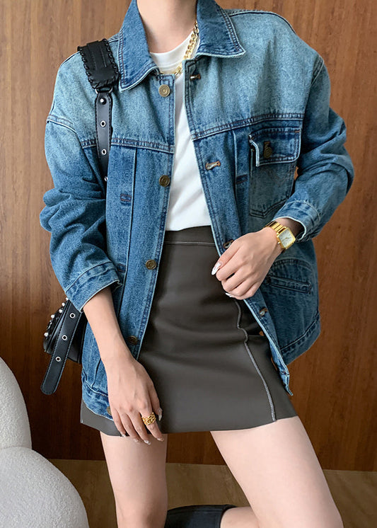 French Blue Peter Pan Collar Button Pockets Denim Coats Fall Af1027