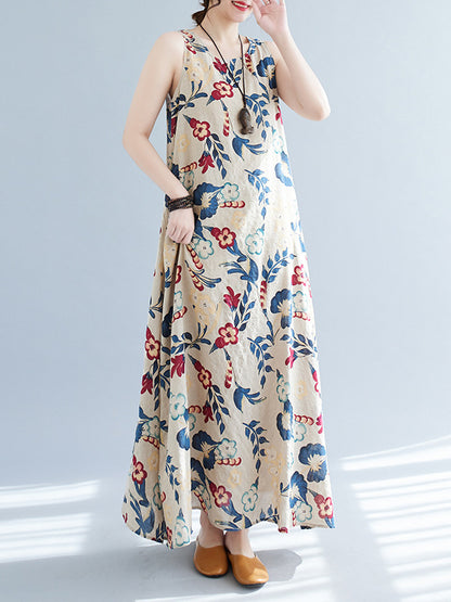 Loose Sleeveless Printed Round-neck Maxi Dresses