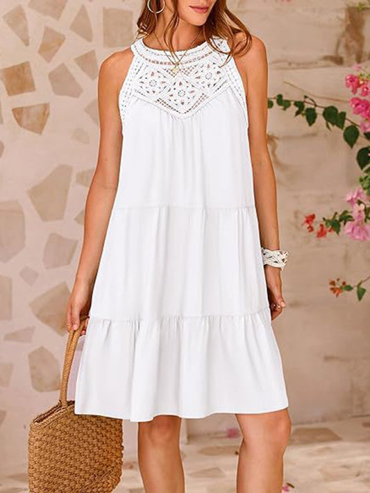 Loose Sleeveless Hollow Pleated Color Split-joint Round-neck Mini Dresses