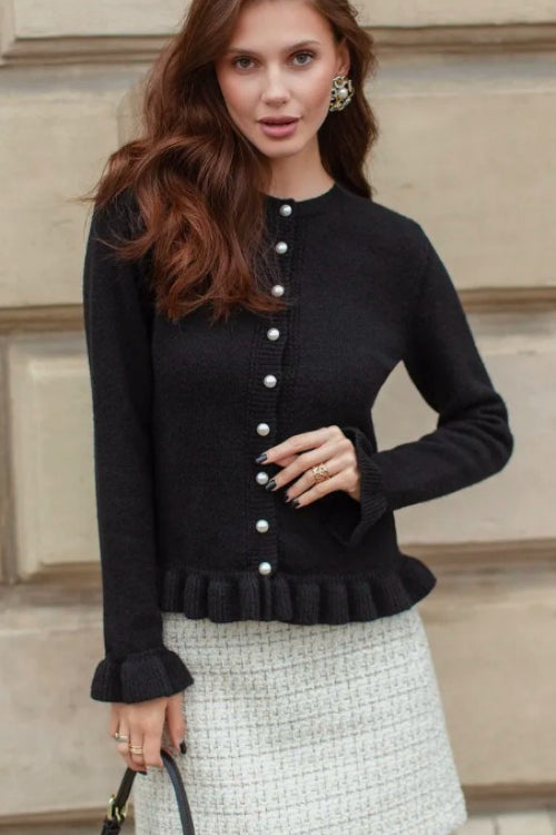 Crew Neck Layered Trim Long Sleeve Knit Cardigan