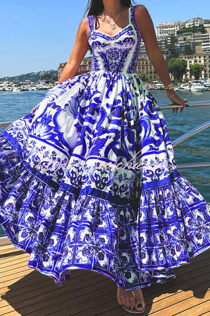 Print Suspender Patchwork Maxi Dress