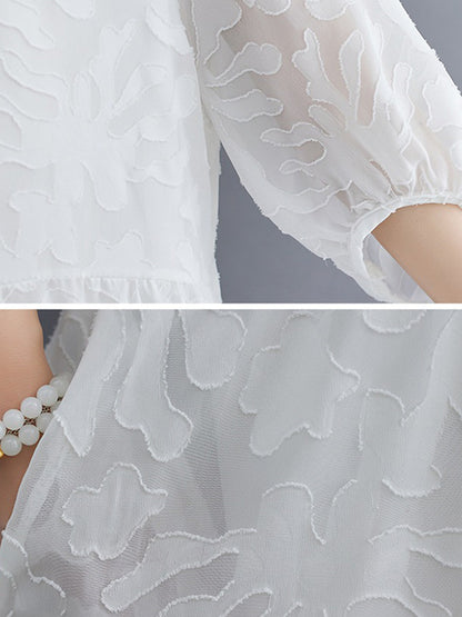 A-line Loose Lacy See-through Color Split-side Round-neck Midi Dresses