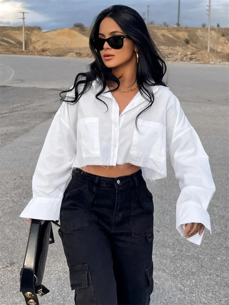 Lapel Pocket Shirts for Long Sleeve Loose Patchwork Crop Top Y2k Outfit High Street Cardigan Blouse