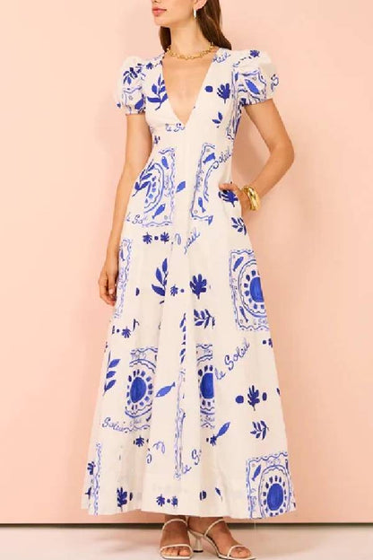 Embrace the Glamour Linen Blend Unique Print Puff Sleeve Pocketed Maxi Dress