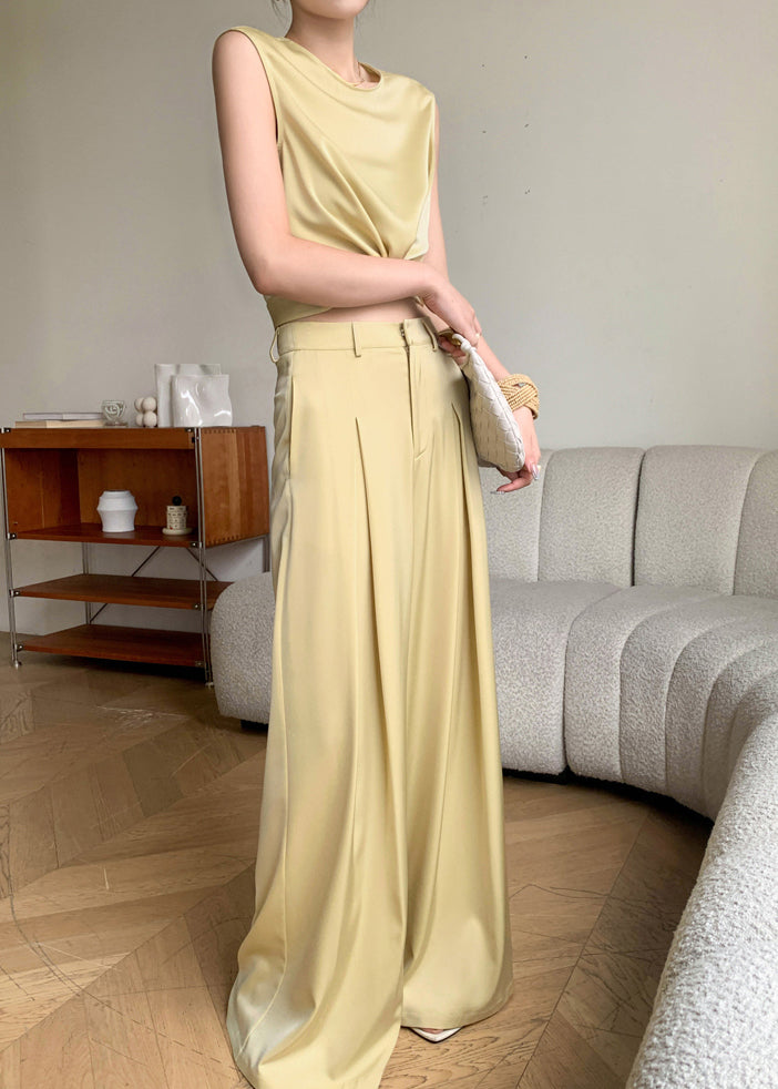 French Yellow O-neck Silk Top and Wide Leg Pants Two Pieces Set Sleeveless An1027