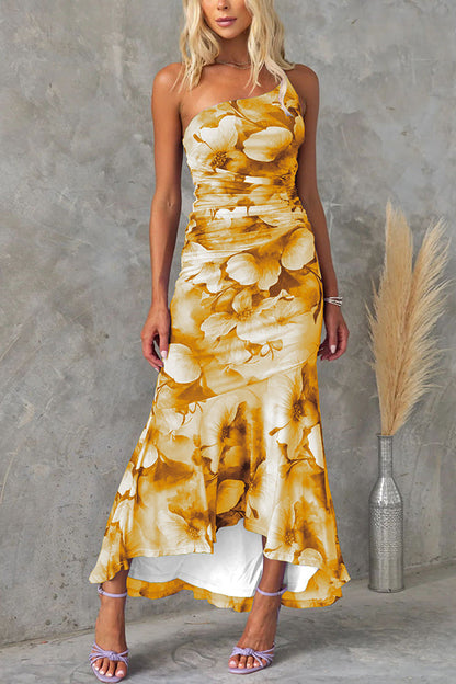 Deja Mesh Overlay Print One Shoulder Ruched Stretch Maxi Dress