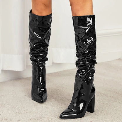 Liyke Cozy White Pleated Patent Leather Knee High Boots – Autumn Winter Shoes