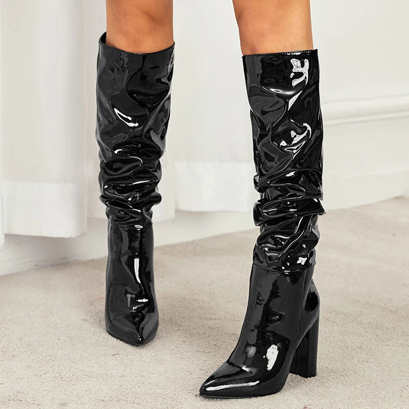 Liyke Cozy White Pleated Patent Leather Knee High Boots – Autumn Winter Shoes