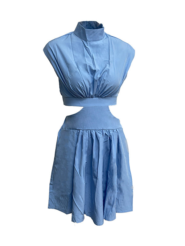 Skinny Belly-hollow Pleated Color Stand Collar Mini Dresses