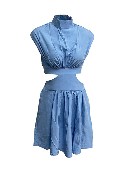Skinny Belly-hollow Pleated Color Stand Collar Mini Dresses