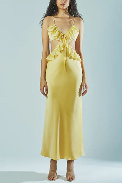 Date Night Satin Chiffon Ruffle Trim Removable Slip Maxi Dress