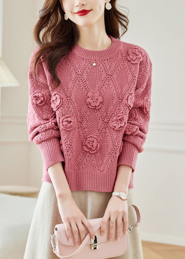 Pink Hollow Out Knit Sweaters Fall Qc033