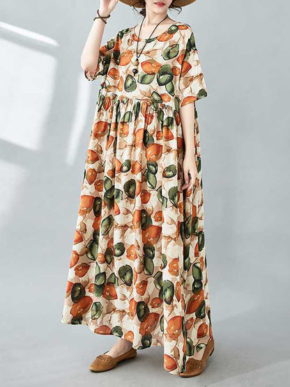 Half Sleeves Loose Pleated Printed Split-joint Round-neck Midi Dresses