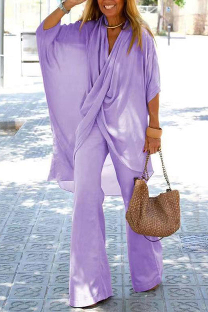 V Neck Trumpet Sleeve Top and Pants Two Piece Set