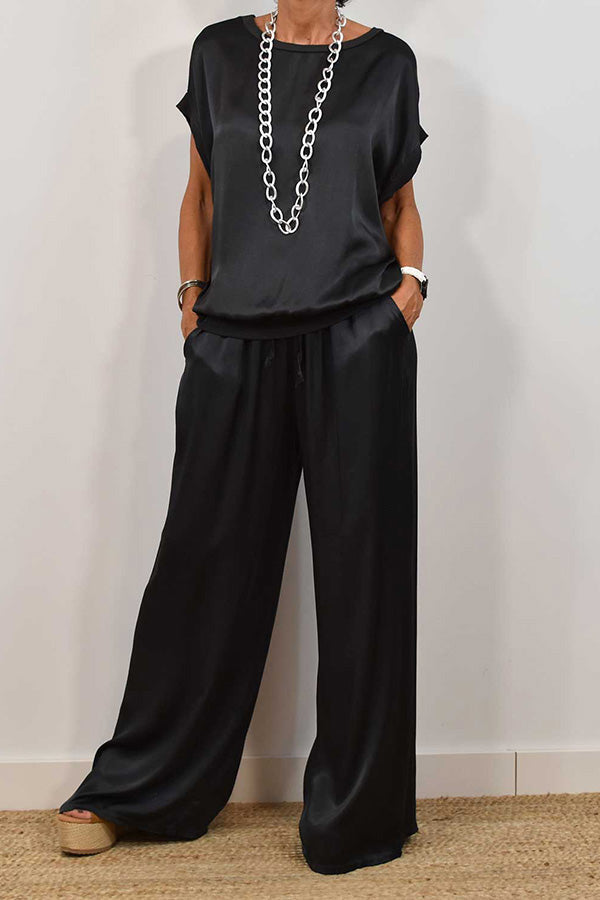 Satin Color Loose Short-sleeved Top and Elastic Waist Lace-up Pocket Wide-leg Pants Set