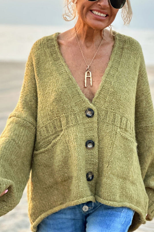 Color Loose Long Sleeve V-neck Pocket Knitted Sweater Cardigan