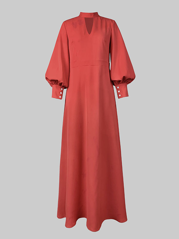 Long Sleeves Loose Buttoned Hollow Color Split-joint Round-neck Maxi Dresses