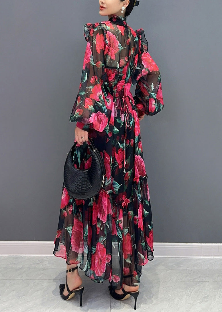 Red Tie Lace Print Chiffon Maxi Dresses Fall Ao1044