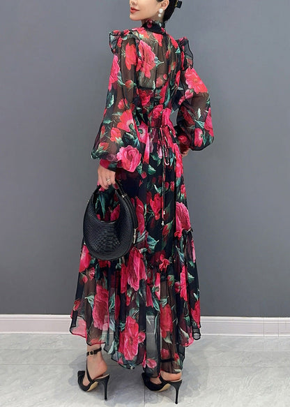 Red Tie Lace Print Chiffon Maxi Dresses Fall Ao1044