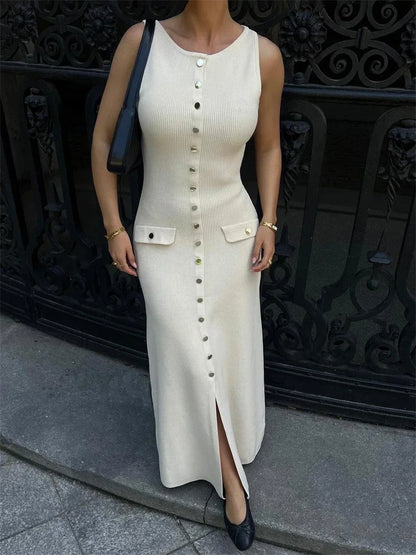 Knit Ribbed Cardigan Maxi Dress Female High Waist Slim Pocket Sleeveless Party Dress ’s Knitwear Long Dress