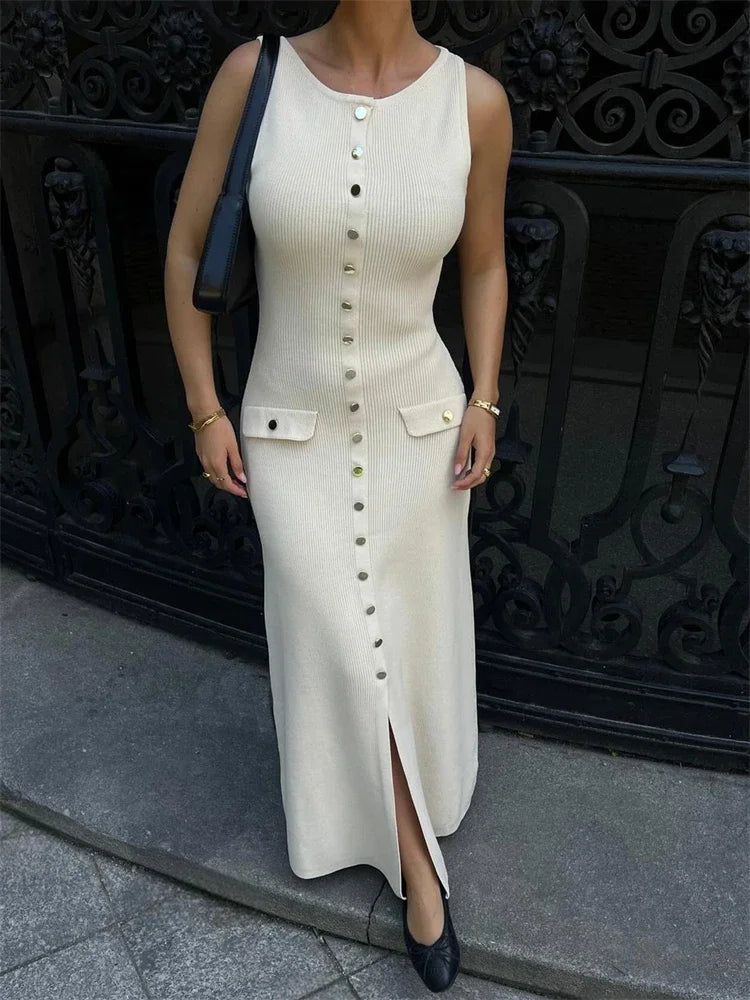Knit Ribbed Cardigan Maxi Dress Female High Waist Slim Pocket Sleeveless Party Dress ’s Knitwear Long Dress