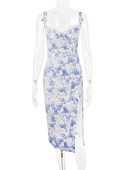 Blue Print Split Midi Dress Robe New Spaghetti Strap Sleeveless Off-shoulder Party Dress
