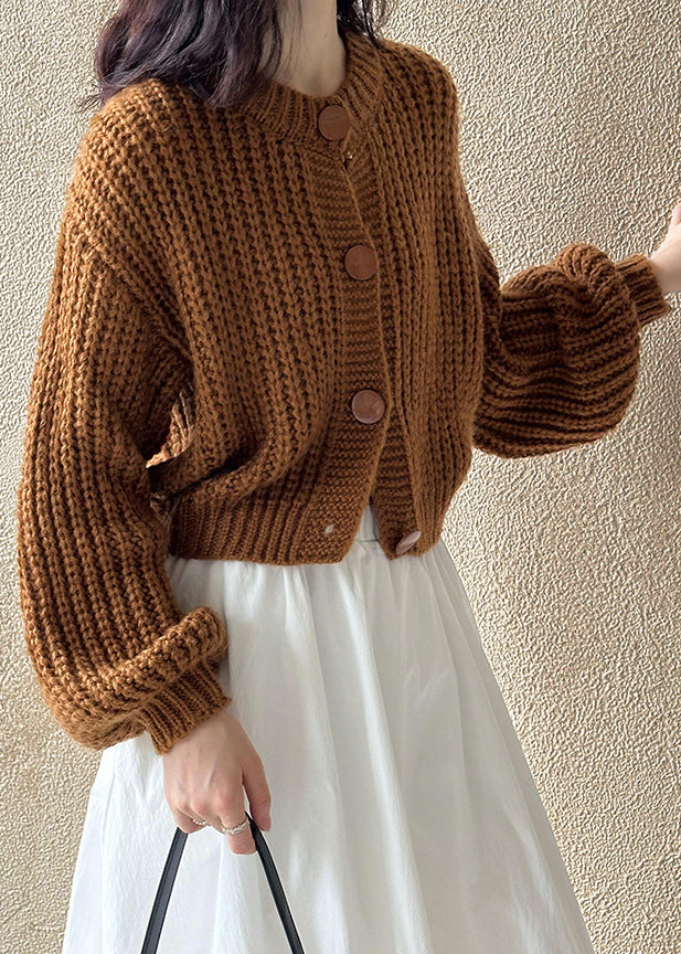 New Brown O Neck Hollow Out Cotton Knit Cardigan Fall Af1014