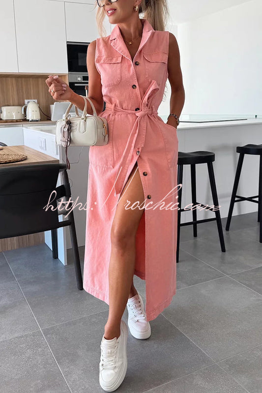 Color Sleeveless Single Breasted Waist Tie Pocket Denim Midi Dress