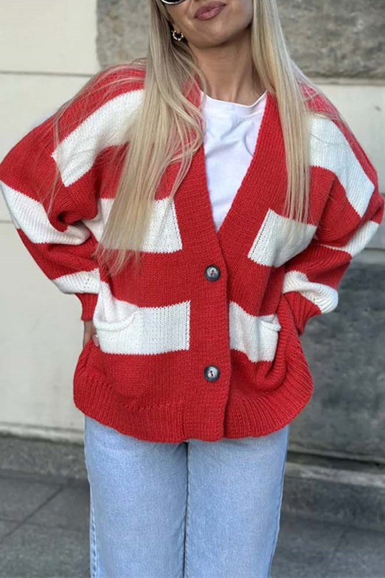 V-neck Long-sleeved Striped Pocket Knitted Cardigan