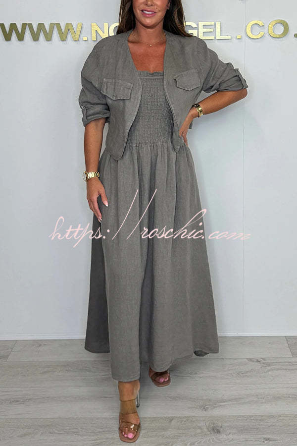 Color Short Jacket and Suspender Pleated Maxi Dress Set