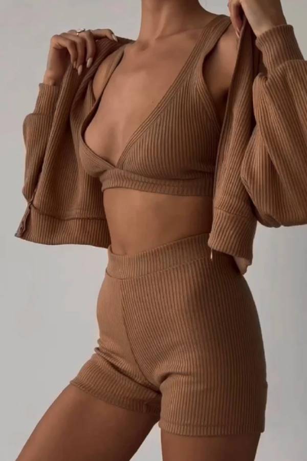 Daily Zip-up Shirt and Shorts Three-piece Set