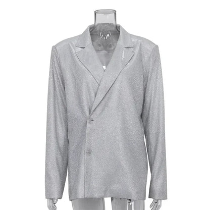 Sliver Sparkly Oversized Blazer Sets for Suit Glitter Coat and Pants Sets Blazer Femme Mujer Party