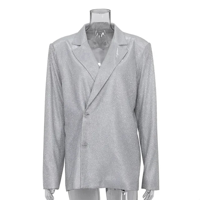 Sliver Sparkly Oversized Blazer Sets for Suit Glitter Coat and Pants Sets Blazer Femme Mujer Party