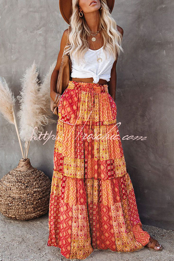 Print Stretch Elastic Waist Pocket High Waist Skirt