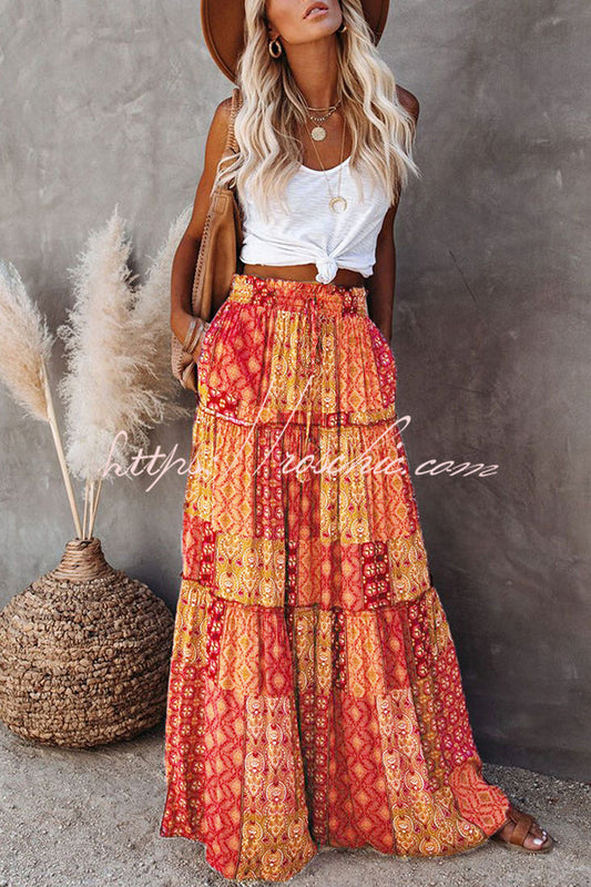 Print Stretch Elastic Waist Pocket High Waist Skirt
